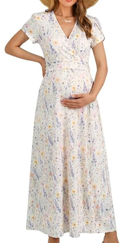 OUGES Maternity Maxi Dress Wrap Baby Shower Pregnancy Dresses for Photoshoot Maternity Outfits Summer Clothes 2026(White Purple Flower,L)
