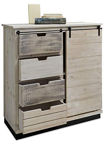 Loberon Kommode Lobigny, mit White-Washed-Finish, praktische Schiebetür, Landhaus-Stil, Kommodenschrank, Aufbewahrung, Tannenholz, Eisen, antikweiß