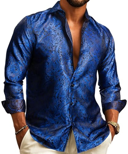 Barry.Wang Camicie eleganti da uomo in seta paisley a maniche lunghe con bottoni taglie forti camicia moda tempo libero matrimonio festa ballo di fine anno, Blu reale, 3XL