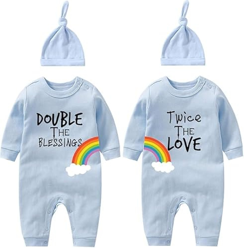 culbutomind Twin baby bodysuit två gånger kläder för två födseln flickkläder pojke gåvor kortärmad tvilling pyjamas baby med mössa, Dubbel twice blå, 0-3 månader
