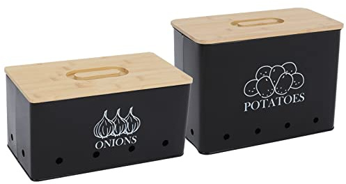 Xbopetda Potato Onion Storage Box, Food Container Sets, Storage Canisters for Vegeatables, Set of 2 Jars Pots Containers, Potato & Onion Bin with Aerating Tin Storage Holes & Bamboo Lid-Black