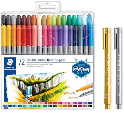 Staedtler 3200TB72P1X Double Fibre Pens with Two Tip for Two Line Widths and Metallic Markers in Gold and Silver, for Light and Dark Paper, 72 Felt Tip Pens and 2 Markers