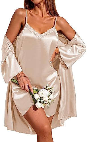 Ekouaer Set pigiama in raso da donna Camicia da notte e vestaglia Indumenti da notte sexy in due pezzi Abbigliamento da notte casual champagne XXL