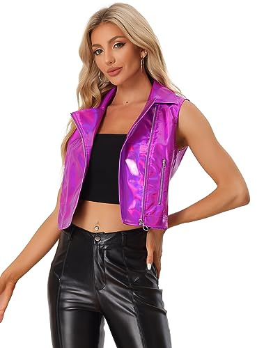 Allegra K Women's Metallic Vest Party Faux Leather Lapel Collar Zip Cropped Sleeveless Holographic Jacket Medium Rose Red