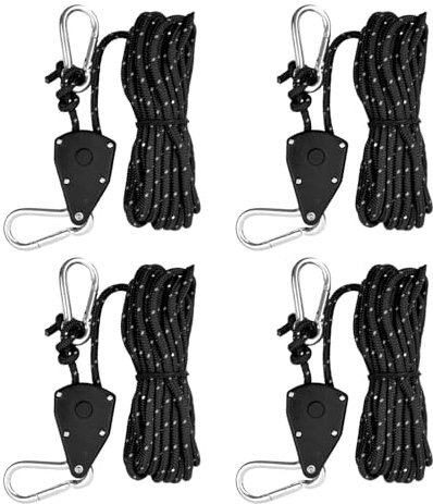 4 Pièces Corde Tente Camping Réfléchissante, 6mm x 5m Cordes à Cliquet avec Tendeurs, Paracorde Corde en Nylon, Crochets à Cliquet pour Camping Randonnée Plantes Lampe (Noir)