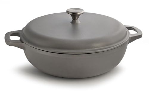 osoltus Bauernpfanne Bratpfanne Bräter Servierpfanne aus Gußeisen mit Deckel 30cm (hellgrau)