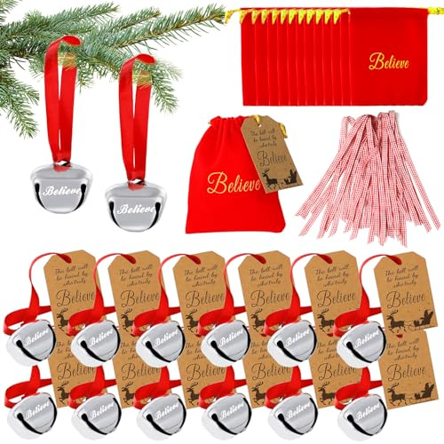 24Pcs Christmas Believe Bell Ornaments, Polar Express Bell, Christmas Jingle Bell Tree Decoration for Kids & Adults (24)