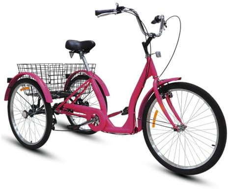 PurezmMoto 3 hjul lastcykel, kryssning trehjuling, 24 tum trehjulingar för vuxna, trehjuling lastning med korg, cykling cykel för utomhus sportshopping (Pink)