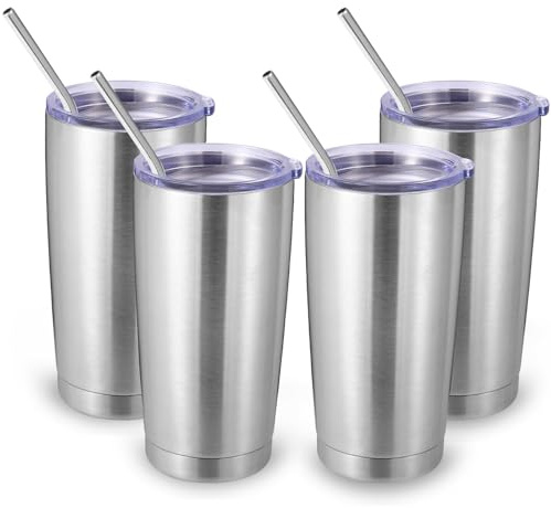 Volhoply 550 ml reseisolerat glas med lock och sugrör storpack 4-pack, dubbelvägg rostfritt stål kaffemugg passar mugghållare, pulverlackerade koppar för varma och kalla drycker, BPA-fri (silver, 4