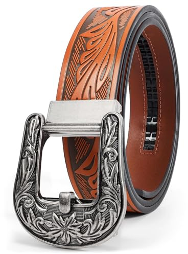 BELTROAD Automatiskt spärrbälte för män, läder, cowboy-bälte för män, med automatisk västerländsk bälte, män, för jeans, julklappar, Silveravdrag – brun (38 mm), （115CM）Passend zur Taille：86cm -100cm