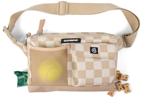 Cleverpup Walk & Train 2-in-1 Dog Walking Bag - Hands-Free Training Crossbody Sling & Fanny Pack with Treat Pouch, Poop Bag Holder, Phone Pockets - Adjustable Waist or Shoulder Strap - Checkerboard