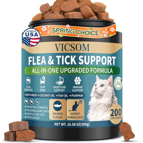Flea and Tick Prevention for Cats Chewable, 200 Treats Natural Cat Flea Treatment, Skin & Digestive Support Oral Supplement Chew Flea and Tick Treatment for Cat Kitten All Breeds & Ages, Salmon Flavor