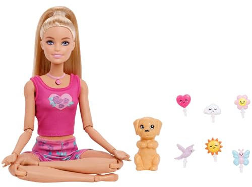 Barbie Mindfulness, muñeca con Ropa de Yoga, articulaciones Flexibles y 6 Modos de meditación, con Luces, Sonido y música, Cachorro con 6 Accesorios, Pelo Rubio, JJN55