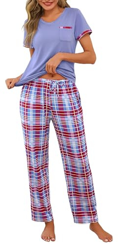Jahetuul Pijama Largo Mujer de Algodón 2 Piezas Cuello V Manga Corta | Este pijama de algodón incluye camiseta de manga larga con cuello V y pantalón largo a cuadros para dormir en casa