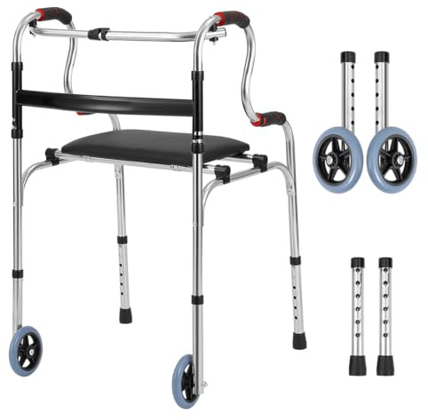 TOTEBOX Folding Walking Frame with Wheels and Seat, Aluminum Alloy Walking Aid Adjustable Height Walker for Seniors & Mobility Assistance, Space Saving