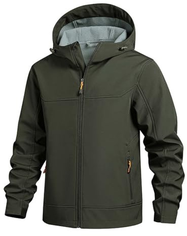 Giacca in pile per attività all'aria aperta, antivento, in softshell, termica, per sport acquatici invernali, con cappuccio, verde militare, 3XL