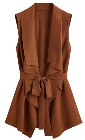 WDIRARA Women's Knit Sleeveless Blazer Vest with Belt Long Draped Collar Vest Jackets Classic Elegant Work Brown Medium