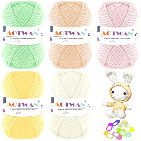 AOTWAN 250g Crochet Yarn Wool for Crochet 5 Colours x 50g Pastel Lovely Wool Yarn Crochet for Beginners with 10 Stitch Markers