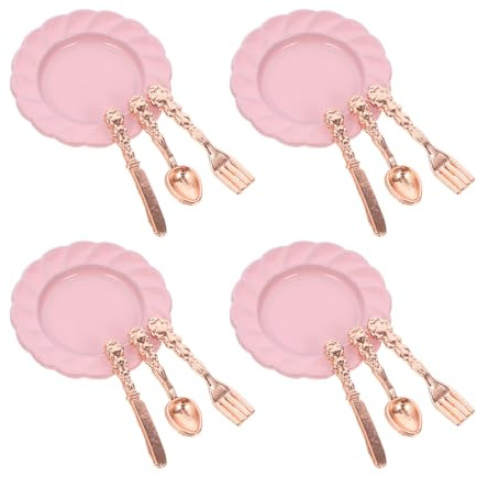 WOONEKY Set Mini Piatti e Posate in Miniatura per Casa delle Bambole Kit Stoviglie in Rosa 4 Piatti e 12 Utensili Accessori Decorativi per Cucina Giocattolo e Modelli in Scala