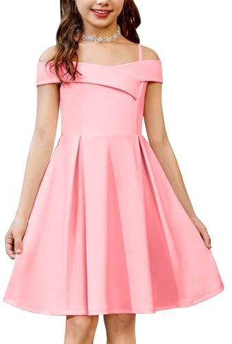 Arshiner Fille Robe Épaules Dénudées Bretelles Spaghetti Robes Enfant sans Manches d'été Robe Élégante Fête Robes pour Fille 5-14 Ans