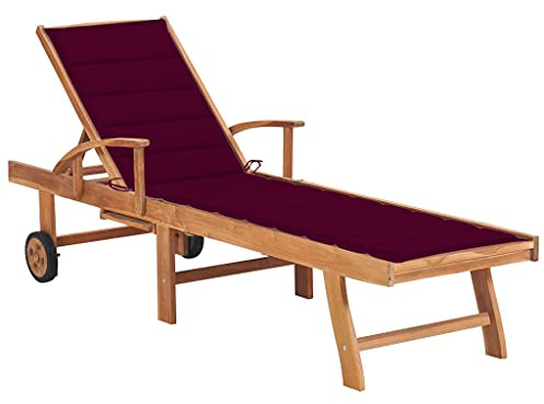Kangardius Solstol, trädgårdsstol av massivt teak med stöd i vinrött, justerbar ergonomisk med armstöd och rulle, väderbeständig för terrass, balkong, pool, vikbar och vadderad för avkoppling