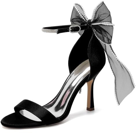 Genérico Sandalias de Novia Mujer con Gran Lazo Elegante, Tacón Stiletto 9,5 cm y Pulsera al Tobillo para Boda,Negro,37 EU
