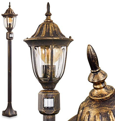 Außenleuchte Ribadeo mit Bewegungsmelder, Kandelaber in antikem Look, Aluguß in Schwarz/Gold mit Klarglas-Scheiben, Wegeleuchte 110 cm, Retro/Vintage Gartenlampe, E27-Fassung, IP44, ohne Leuchtmittel