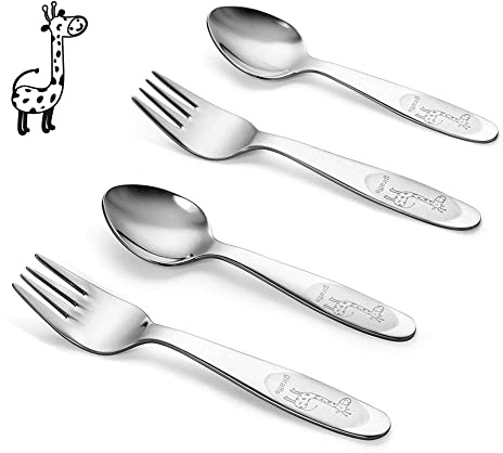 4 Piece Stainless Steel Toddler Forks and Spoons with Smooth Rounded Edges | Self-Feeding Toddle Utensil Set for Babies 1+ Year Old | Dishwasher Safe Baby Silverware Set