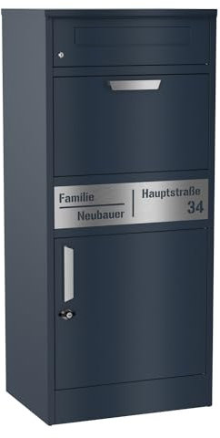 Graviers Design Paketbriefkasten mit Brieffach personalisiert freistehend - Edelstahl Namensschild Hausnummer Laserschnitt Gravur - pulverbeschichteter Briefkasten Postbox Paketbox Design 2