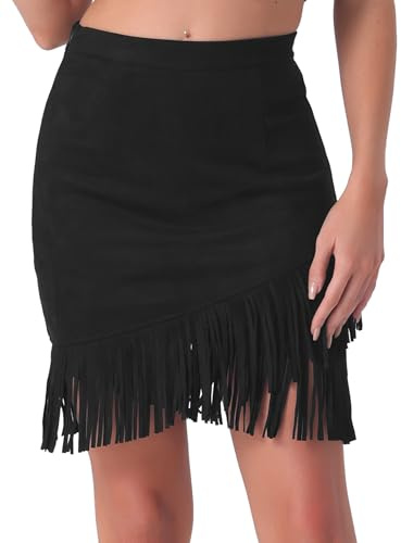 Allegra K Donna Gonna in Finta Pelle Scamosciata con Frange Elasticizzate, Minigonne Casual Vintage A Vita Alta Nero L
