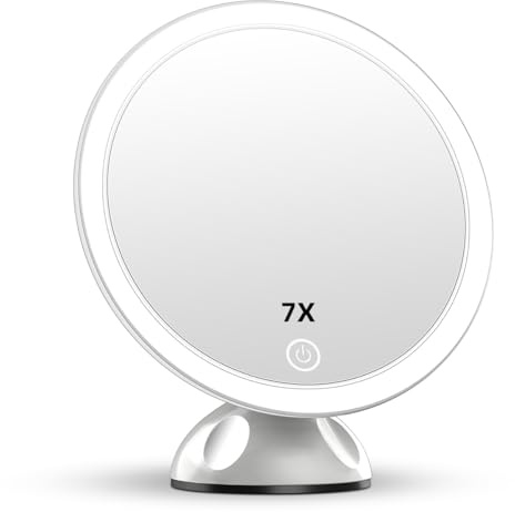 TOUCHBeauty Specchio Ingranditore LED 7x con Ventosa, Antiappannante, Luce Regolabile, Girevole 360°, Ideale Natale, Bagno e Viaggio