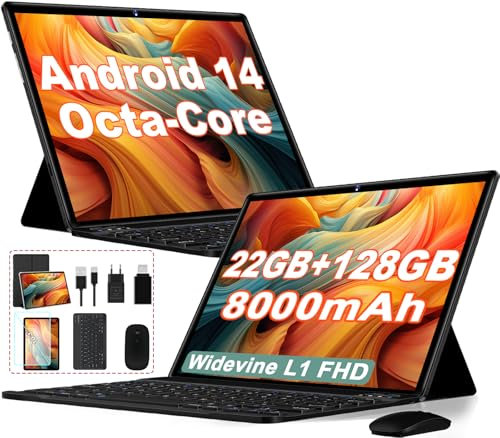 Dghrti 2025 Tablet 10 pollici Android 14, 22GB RAM 128GB ROM/TF 1TB, Processore Octa-Core, 8000mAh, Corpo in Metallo, BT5.0, Doppio WiFi, Face ID, 8MP+5MP, Widevine L1, Tastiera, Mouse, Black