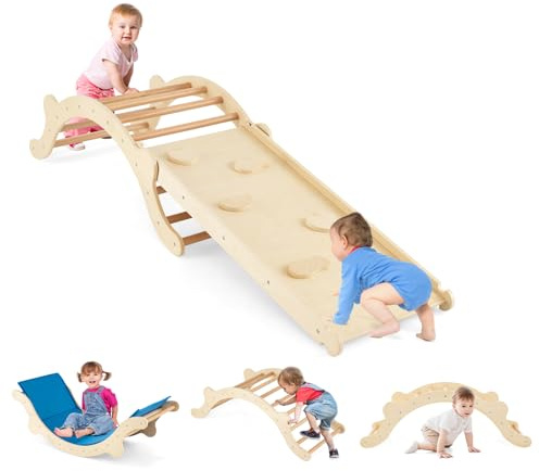 COSTWAY Triangulo de Escalada para Niños 3 en 1, Juguete de Arco de Madera con Rampa para Escalar, Escalera Abovedada Versátil Montessori para Niños para Uso Interno (Natural)