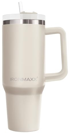 IronMaxx Tazza con manico – crema da 1,2 l | con cannuccia inclusa | design sottile e moderno in acciaio inox | coperchio a prova di perdite e isolamento a doppia parete | mantiene caldo e freddo
