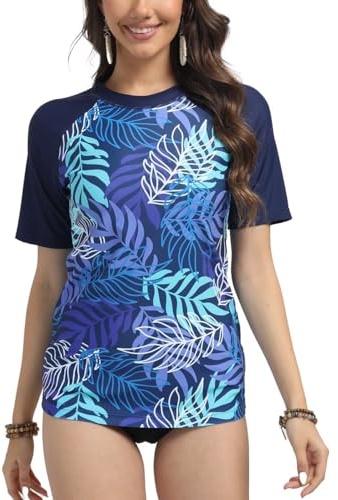 SURFEASY Women's UV Rash Vest UPF 50+ Rash Guard Quick Dry Beach Swim Shirt Swimming Wetsuits Tops Swimsuits Short Sleeve(Palm Leaves/Navy,S)
