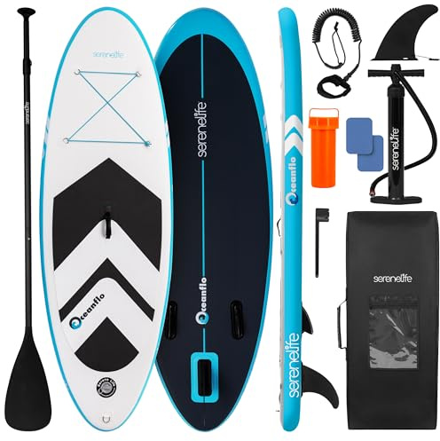 SereneLife SUP Gonfiabile per Bambini e Ragazzi 237 cm, Tavola Sup Larga 76 cm con Deck Antiscivolo, Stand Up Paddle Board Design Stabile, Include Pagaia Regolabile e Zaino, Capacità 90 kg