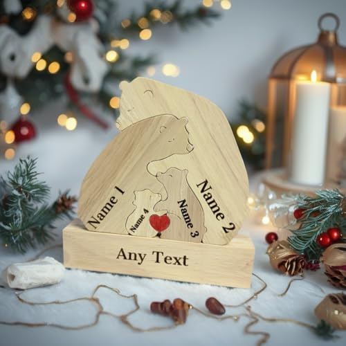 Personalised Wooden Bear Family Puzzle – Custom Jigsaw with 2-7 Names | “We Are One” Animal Sculpture | Home Décor Gift for Birthday, Christmas, Anniversary, Mother’s Day & Father’s Day (4 Names)