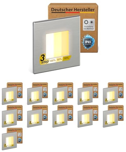 ledscom.de Lot de 12 luminaires LED pour escalier/encastrés muraux FEMA pour l'intérieur et l'extérieur, de forme carrée, en acier inoxydable, 80 x 80 mm, blanc chaud