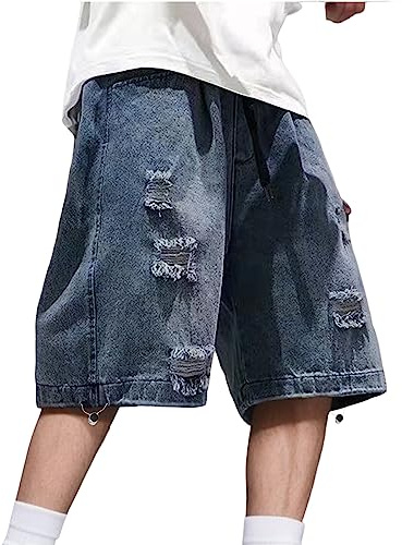 Jinitaimei Jeans Pantaloni Corti Uomo Blu Denim Shorts Bermuda Estivi Baggy retrò Pantaloncini Hip Hop Skateboard Pantaloni con Tasche