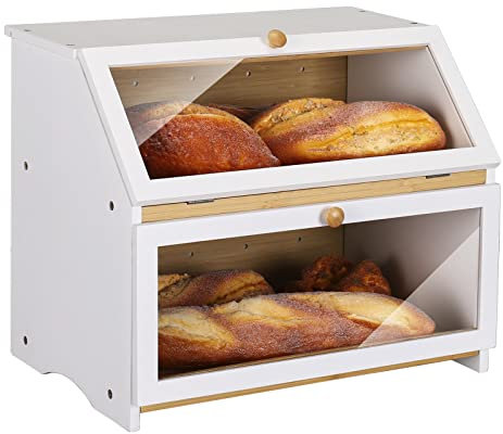 HOMEKOKO Double Layer Large Bread Box for Kitchen Counter, Wooden Large Capacity Bread Storage Bin (White)