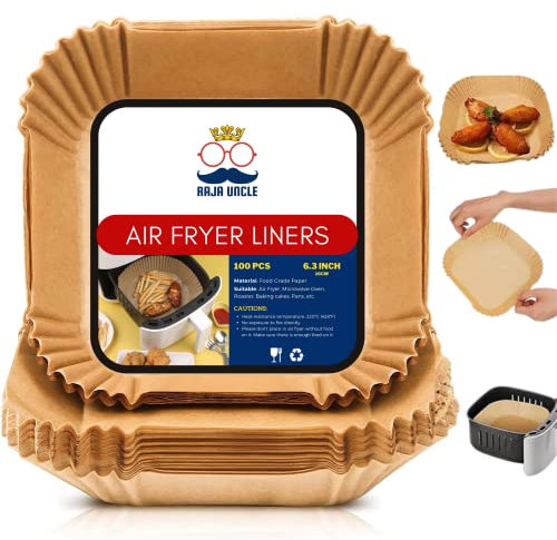 RAJA UNCLE Air Fryer Liners, Parchment Disposable Paper Liners, 100PCS of 6.3 inch Square, Non-Stick, Greaseproof Air Fryer Paper Liners