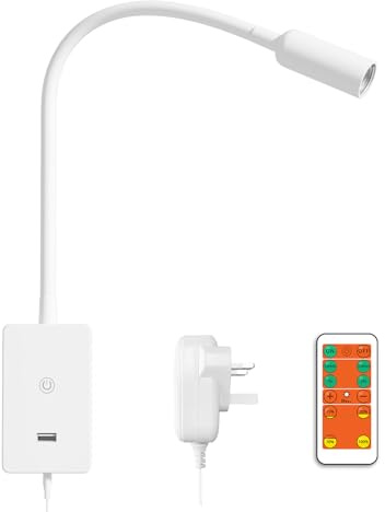 ENUOTEK LED Wall Reading Light for Bedroom Nightstand with Remote Control, White Flexible Wall Mount Bedside Spot Lamp, 5V2A USB Output Port, 4 Brightness Levels, Neutral White Lighting