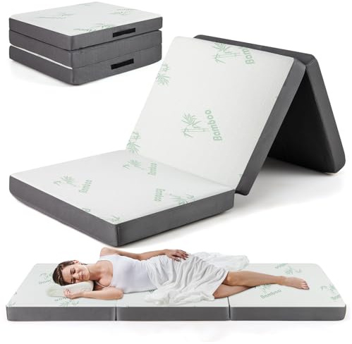 COSTWAY 10cm Thick Tri Folding Mattress, Single Foam Floor Mattress with Bamboo Fiber Cover and Mesh Border Fabric, Portable Foldable Mattress Guest Bed Mat for Camping, RV and Bedroom, 200x80cm