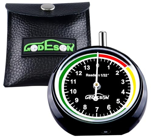 GODESON Tire Tread Depth Gauge,Dial Type Tire Depth Gauge in 32nds,Color-Coded and Easy Reading Tread Depth Gauge Professional for Motorcycle, Car,Truck and Bus,Black Paint Casing