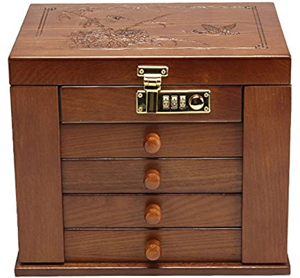 Joyero de 5 capas, caja de madera, grande, para collares, pendientes, anillos, gafas de sol, relojes, joyas en el dormitorio, baño, regalos, 27,5 x 19,1 x 22,9 cm, marrón