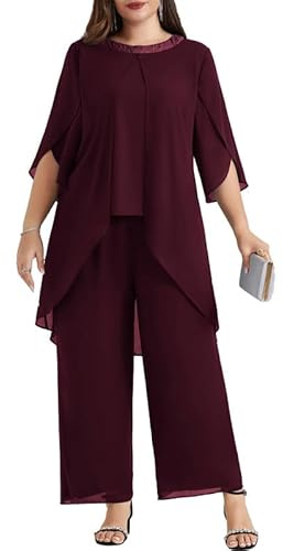 Hanna Nikole Costume de soirée en mousseline pour femmes grandes tailles - Ensemble élégant à deux pièces - Tenue de fête pour mariage - Cocktail - Robe de soirée - Paillettes - Tops à col rond et