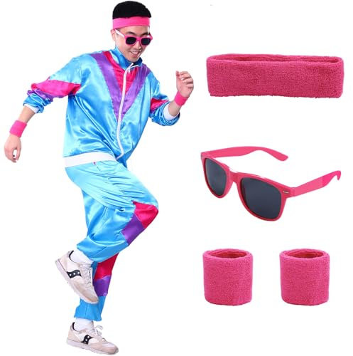 Suffolly Disfraz Años 80 Unisex, Disfraz Años 80 Hombre, Disfraz Pareja Adultos con Diademas Muñequeras Gafas Años 80 Chandal Retro Conjunto Años 60 y 70 para Adultos Fiesta Carnaval (Azul, XXL)