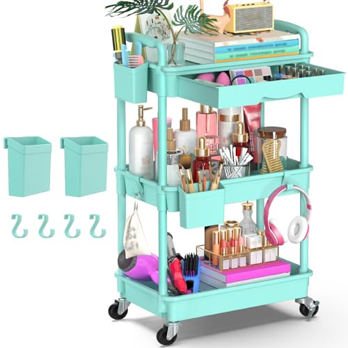 Yeabett Carrito de manualidades de 3 niveles, carrito de almacenamiento con ruedas, carrito utilitario con cajón para cocina, baño, oficina, sala de estar, color azul