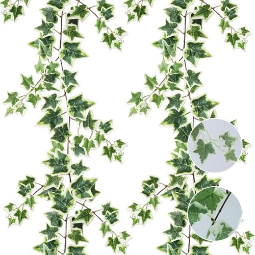EnixwH 2 Stück Efeu Künstlich Girlande, 180cm Künstlicher Efeu Girlande Grün Naturgetreu Kunstpflanzen Fake Pflanzen Deko Pflanzen für Zimmer Wand Balkon Hochzeit Party Garten Dekorationen (Weiß Grün)