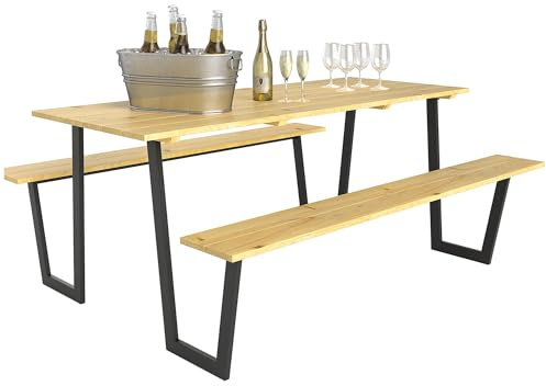 Outsunny Bierzeltgarnitur Holz 3-teilig Festzeltgarnitur mit Schirmloch Biertisch 2 x Bierbank Biertischgarnitur Sitzgarnitur Gartenmöbel Set für Balkon, Camping, Garten 175 x 148 x 78 cm Naturholz